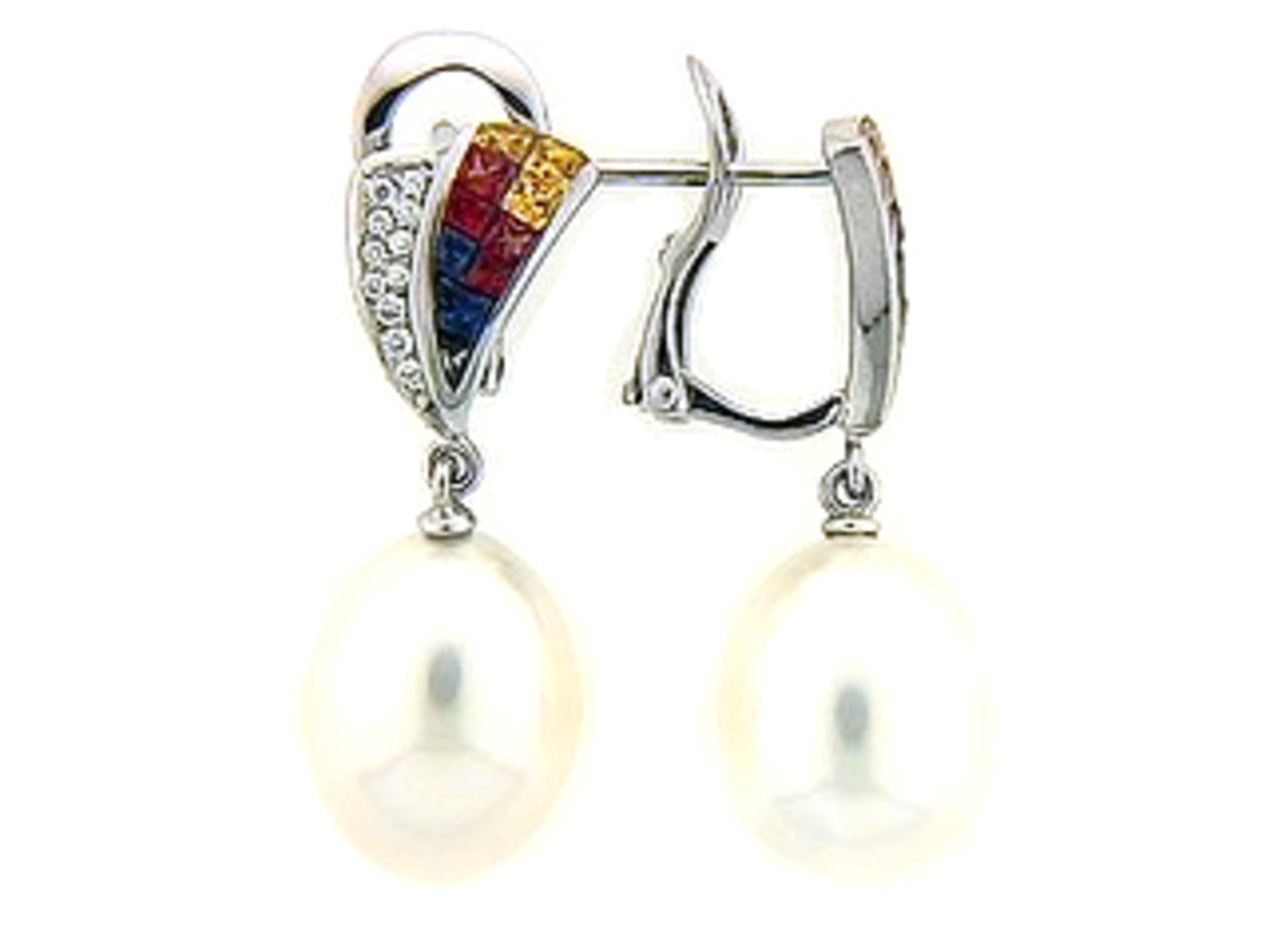 RAINBOW SAPPHIRE, CULTURED FRESHWATER PEARL & DIAMOND EARRING, 18KW (H/U)