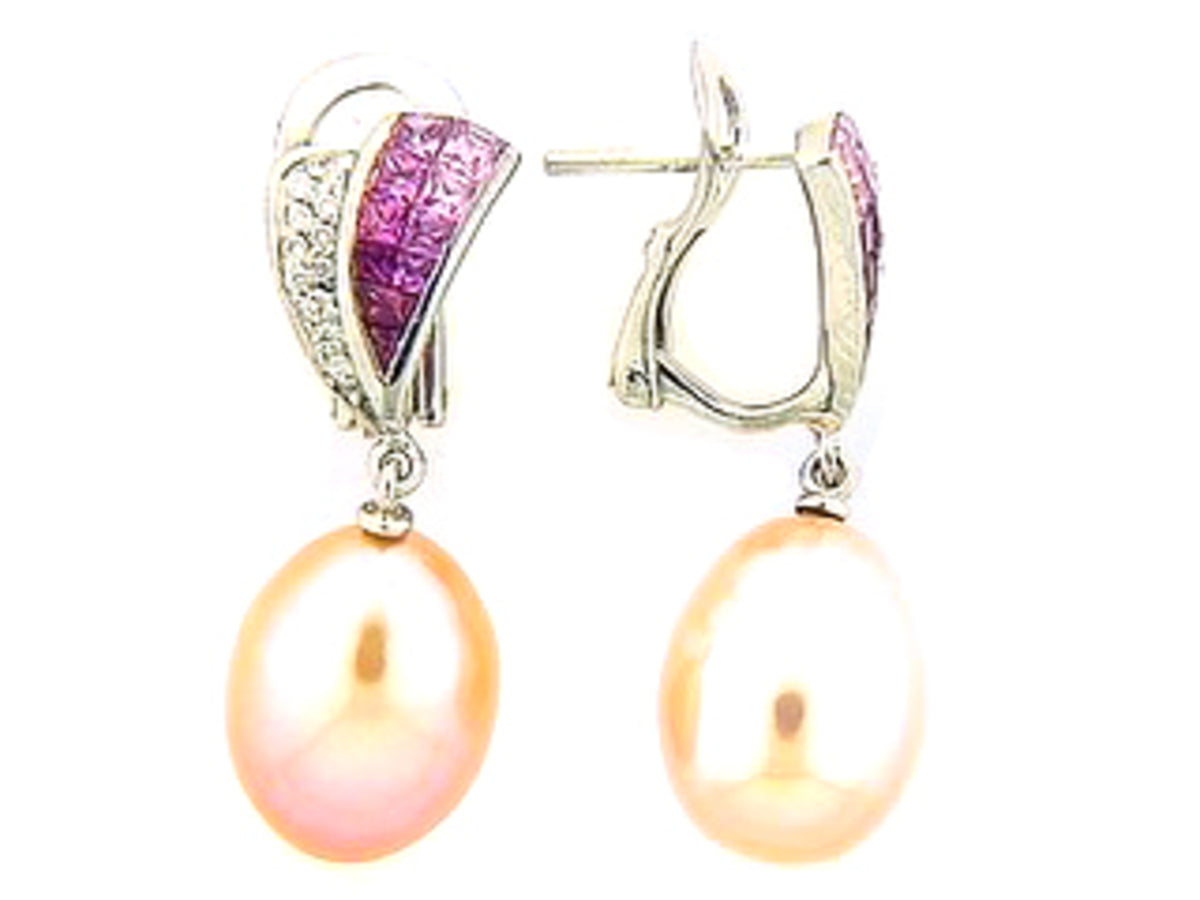PINK SAPPHIRE, CULTURED FRESHWATER PEARL & DIAMOND EARRING, 18KW (H/N), C=1.20