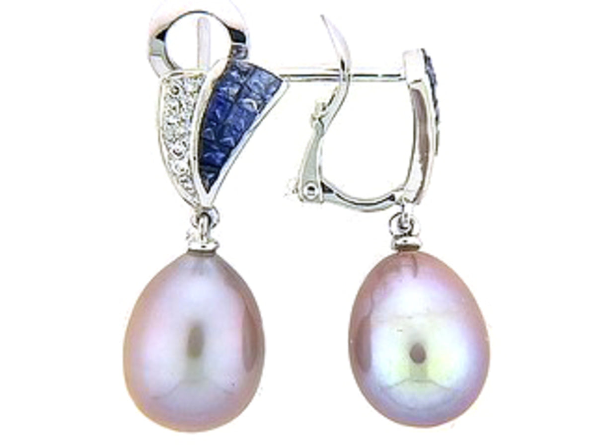 SAPPHIRE, CULTURED FRESHWATER PEARL & DIAMOND EARRING, 18KW (H), C=1.20