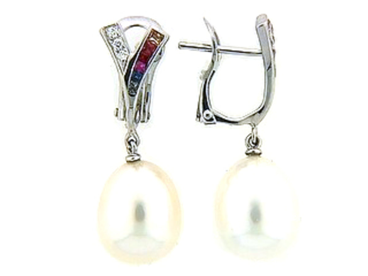 RAINBOW SAPPHIRE, CULTURED FRESHWATER PEARL & DIAMOND EARRING, 18KW (H/N)
