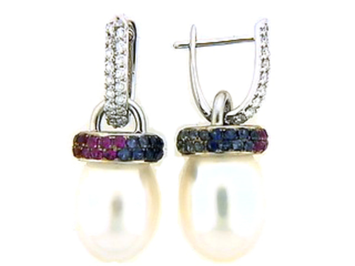 RAINBOW SAPPHIRE, CULTURED FRESHWATER PEARL & DIAMOND EARRING, 18KW (H/U), C=1.20