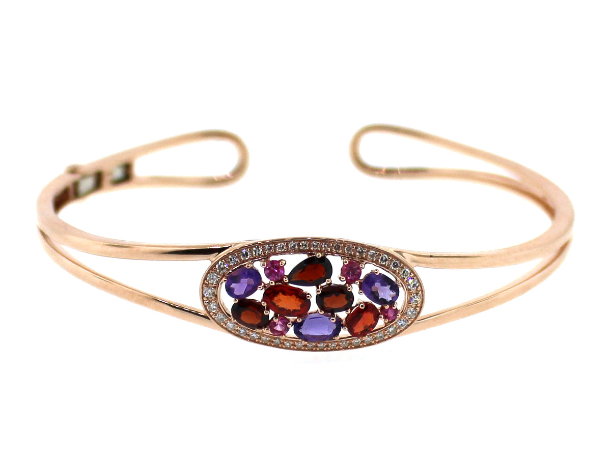 FANCY COLOR SAPPHIRE, AMETHYST, GARNET & DIAMOND BANGLE, 14KR (H/N)