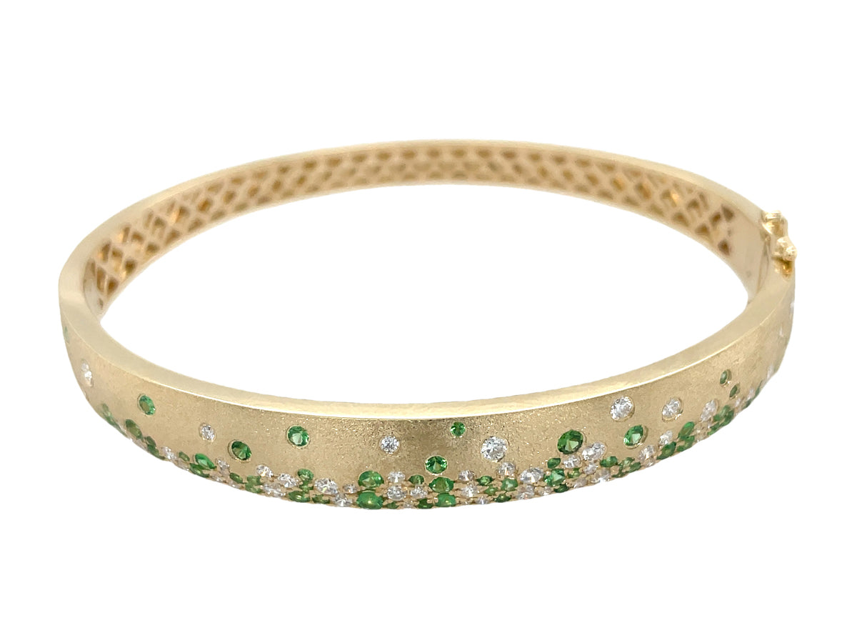 TSAVORITE & DIAMOND BANGLE, ENGRAVED JEO-PJL, SATIN FINISH, 64 X 53 MM