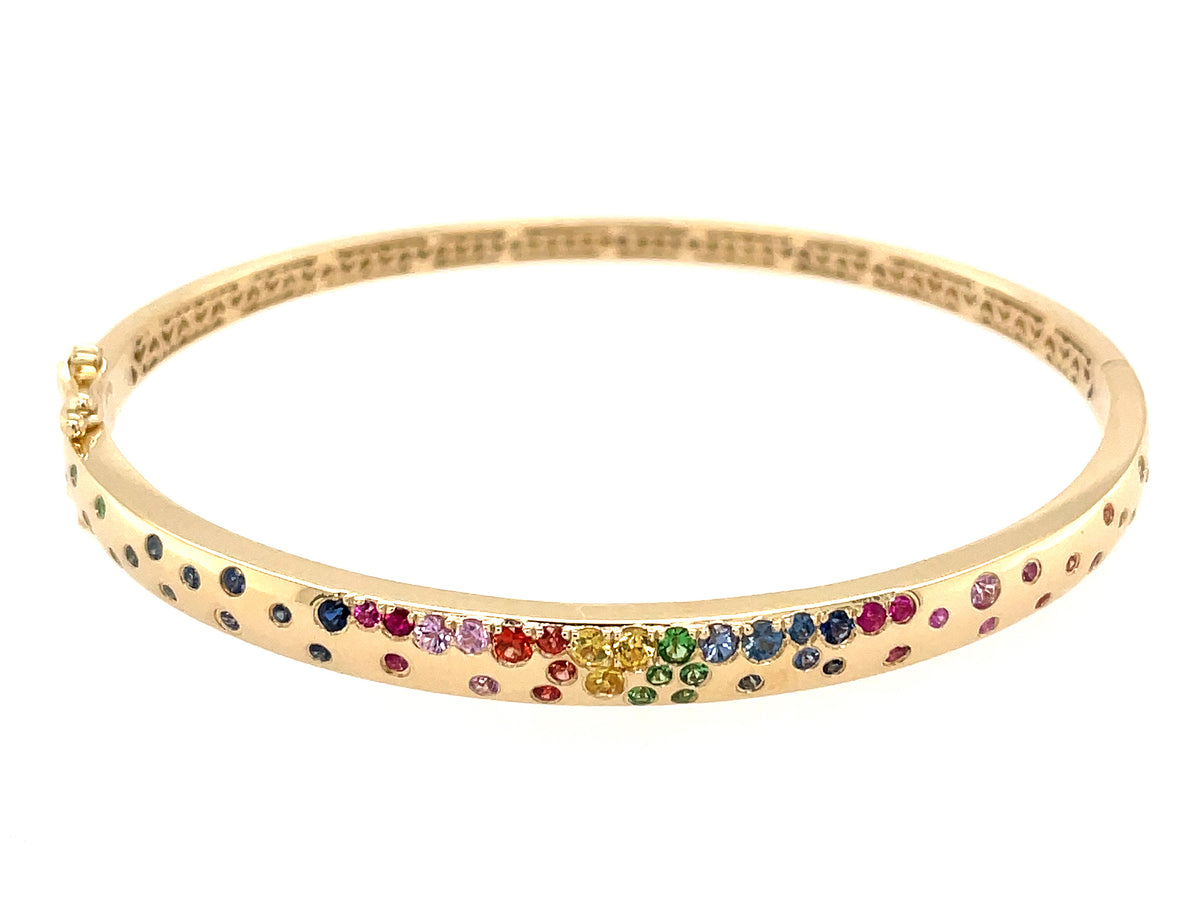 RAINBOW SAPPHIRE & TSAVORITE FLUSH SET NARROW BANGLE, 5MM, 14KY (H/U/N)