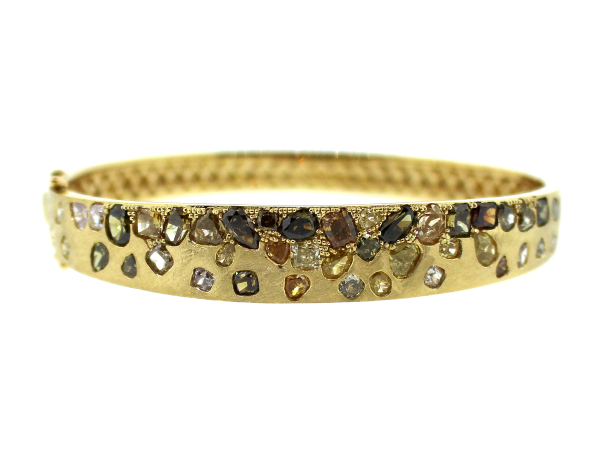 NATURAL FANCY COLOR DIAMOND FLUSH SET BANGLE, SATIN FINISH, 18KY (N)