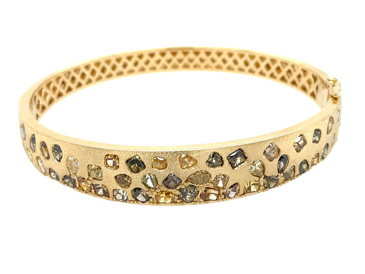 NATURAL FANCY COLOR DIAMOND FLUSH SET BANGLE, SATIN FINISH, 18KY (N)