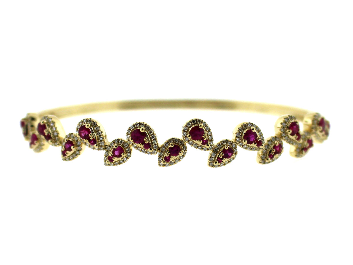 RUBY & DIAMOND PEAR CLUSTER PIVOTING BANGLE, 14KY (H)