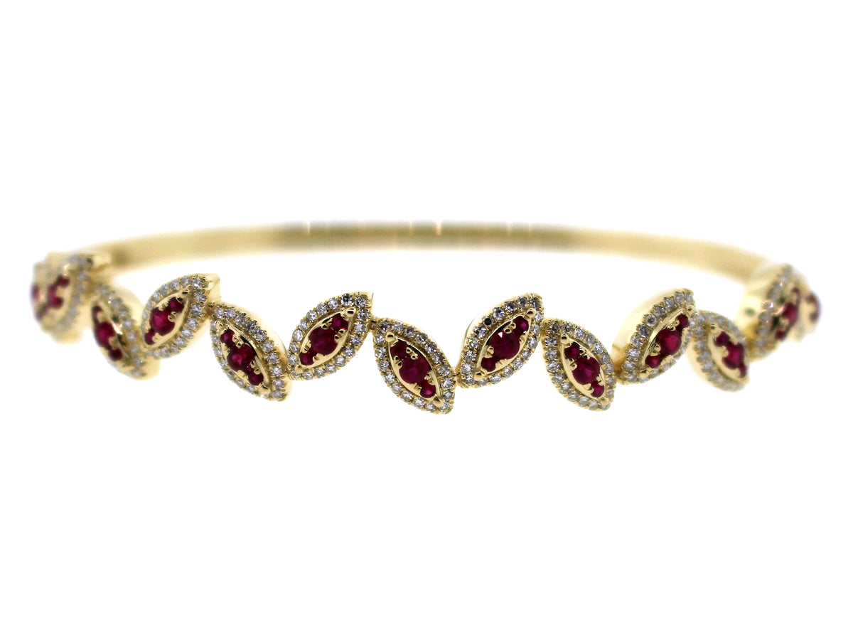 RUBY & DIAMOND MARQUISE CLUSTER PIVOTING BANGLE, 14KY (H)