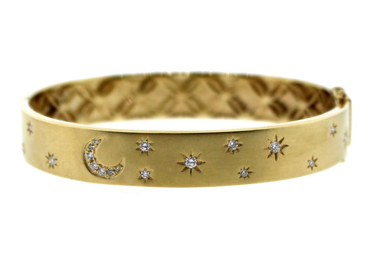 DIAMOND STARS & MOON FLUSH SET BANGLE, SATIN FINISH, 14KY (N)