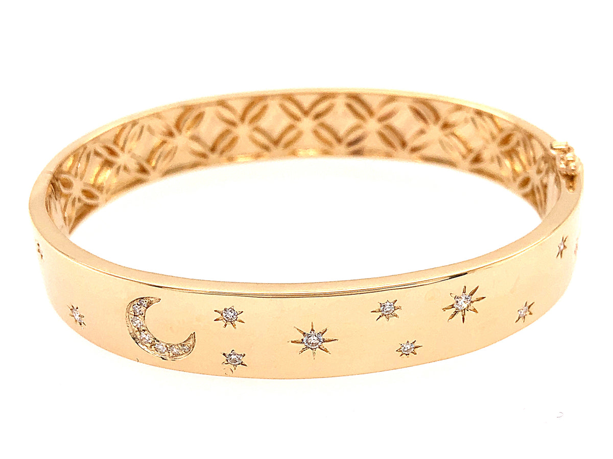 DIAMOND STARS & MOON FLUSH SET BANGLE, 14KY (N)