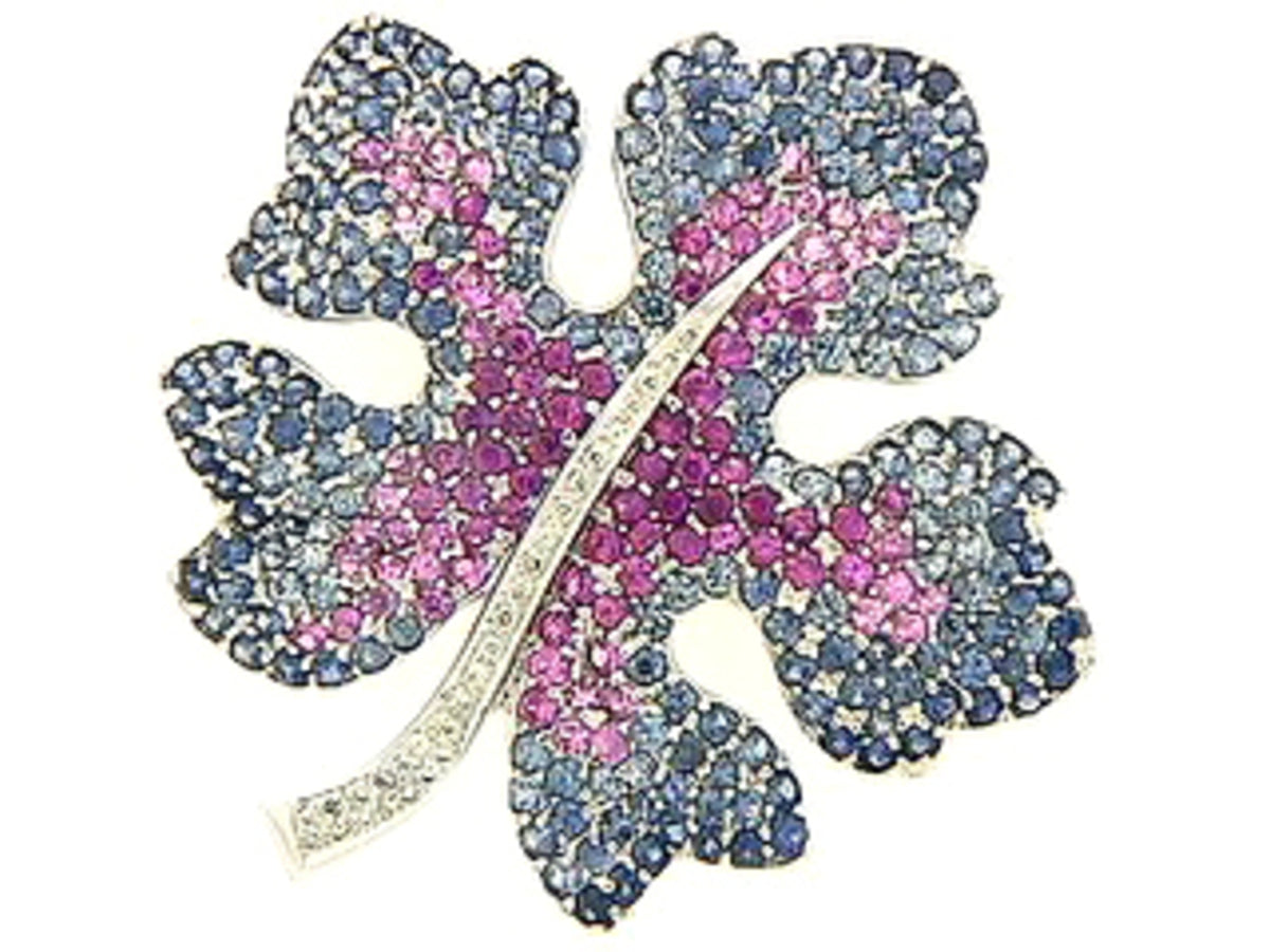SAPPHIRE, PINK SAPPHIRE & DIAMOND BROACH, 18KW (H)
