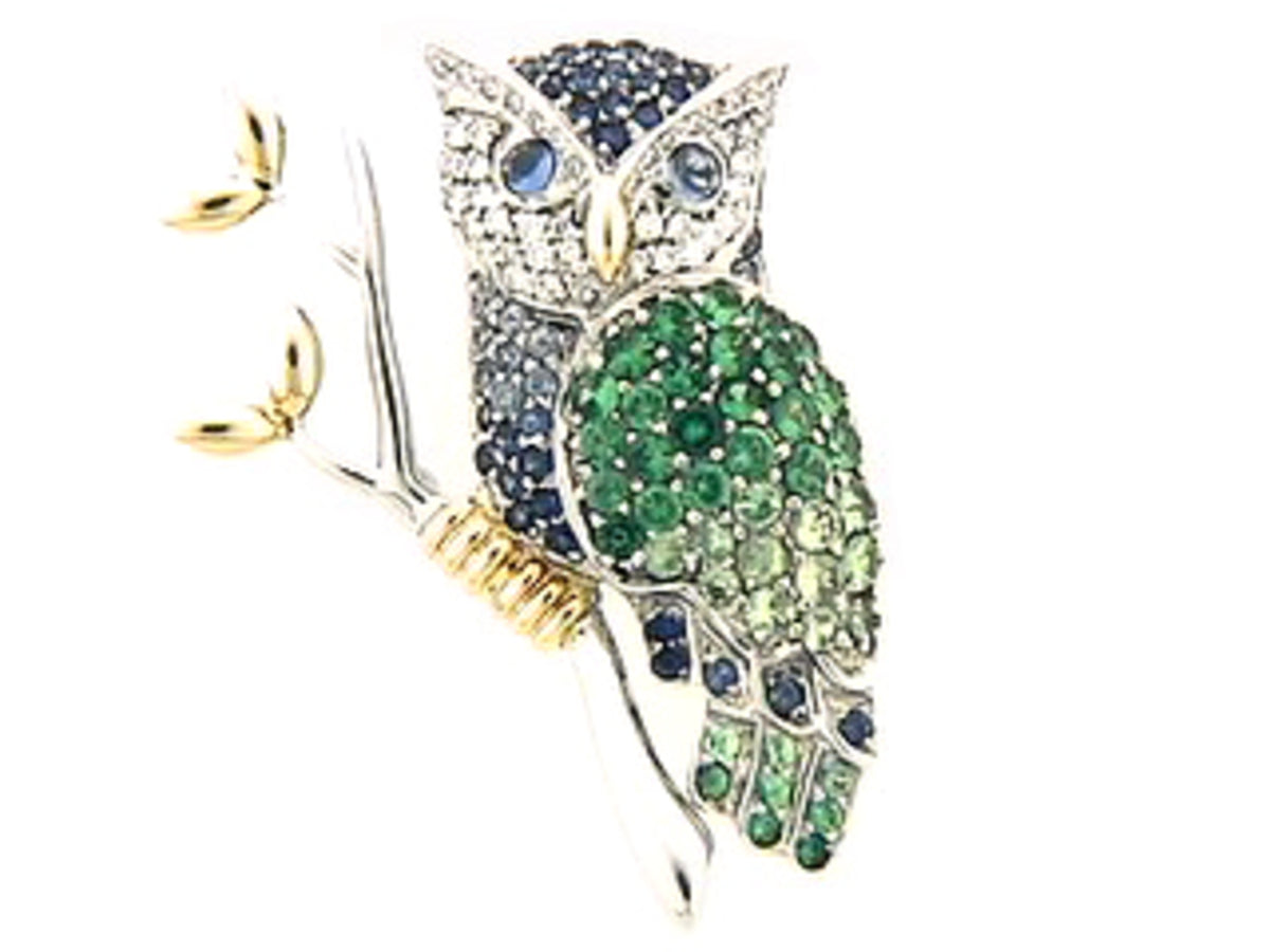 SAPPHIRE, SAVORITE & DIAMOND BROACH