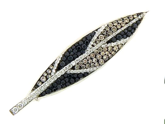 BLACK, BROWN & WHITE DIAMOND FEATHER BROOCH