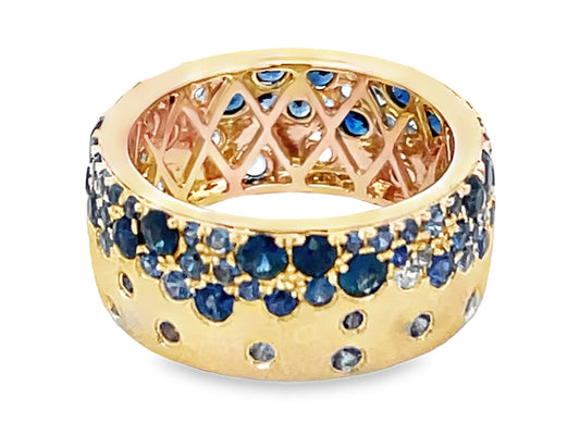 BLUE SAPPHIRE MIX ETERNITY FLUSH SET CIGAR BAND, 8.7MM RING, SATIN FINISH