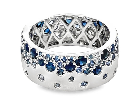 BLUE SAPPHIRE MIX ETERNITY FLUSH SET CIGAR BAND, 8.7MM RING, SATIN FINISH