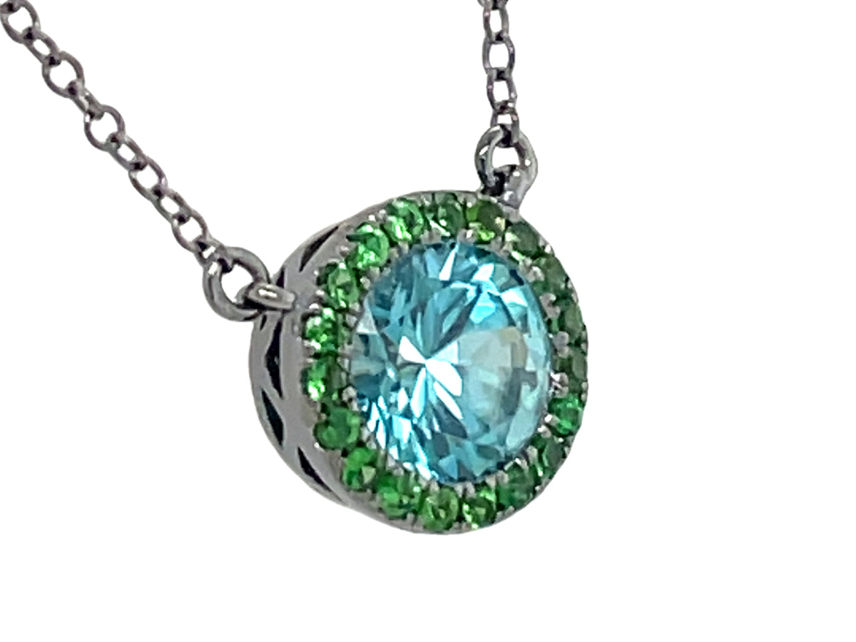 BLUE ZIRCON & TSAVORITE HALO PENDANT NECKLACE