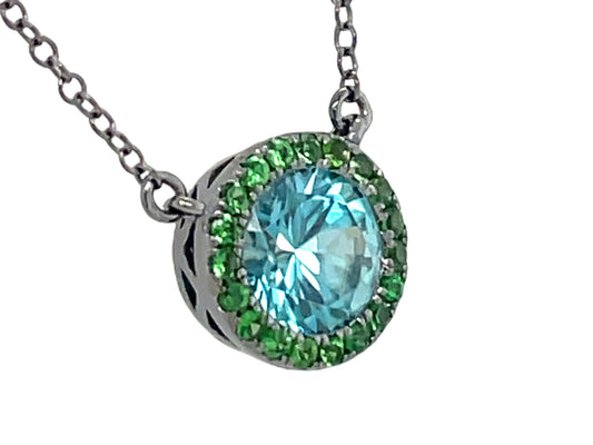 BLUE ZIRCON & TSAVORITE HALO PENDANT NECKLACE