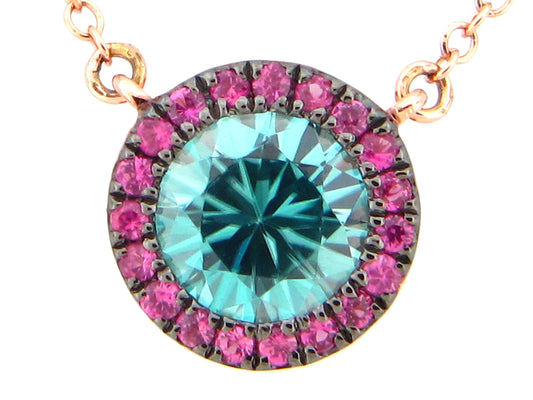 BLUE ZIRCON & PINK SAPPHIRE HALO PENDANT NECKLACE, 18"/17"14KR (H)