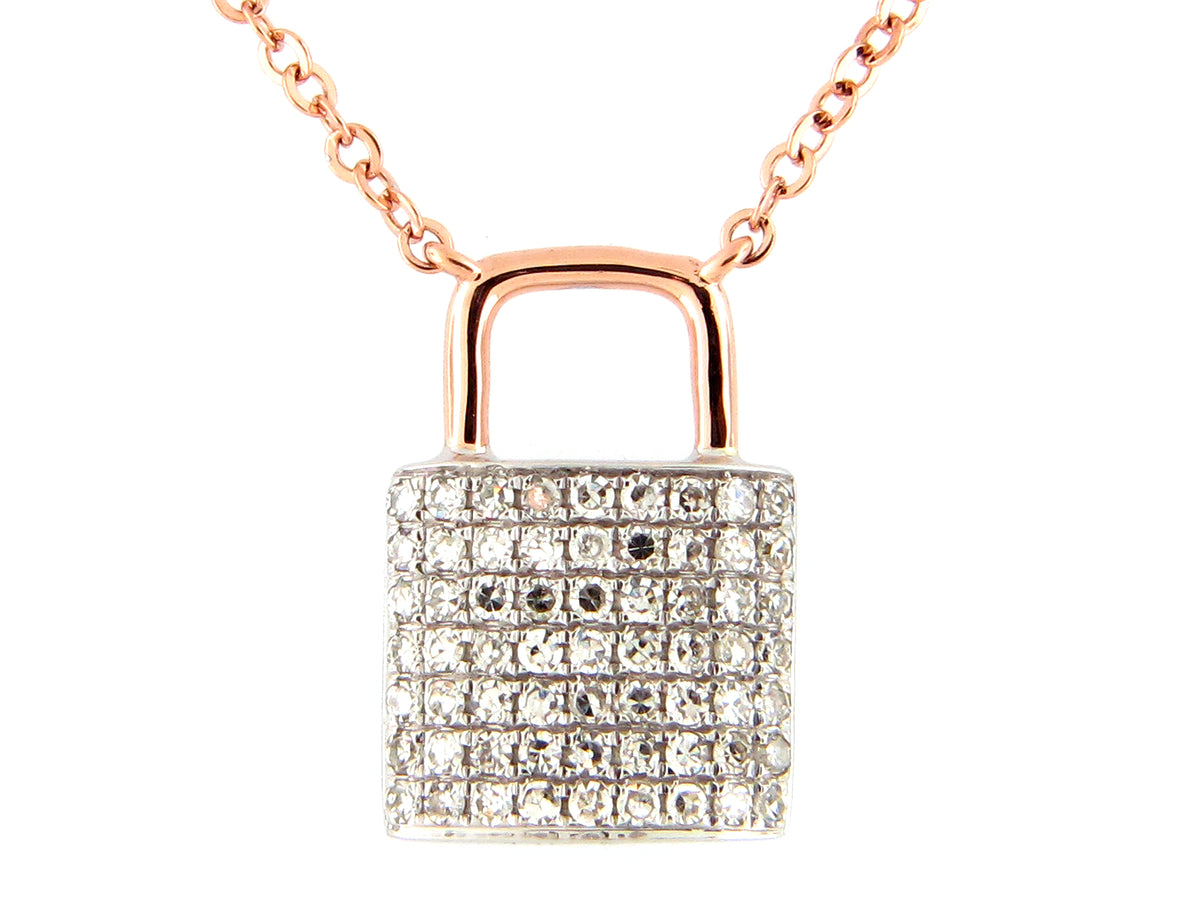 DIAMOND PADLOCK PENDANT NECKLACE, 18" BOLO CHAIN, 14KWR  (N)