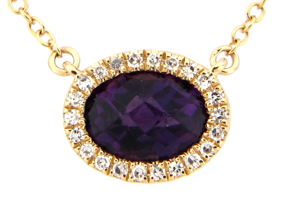 AMETHYST & DIAMOND OVAL PENDANT NECKLACE, 18"/17"/16", 14KY (H)