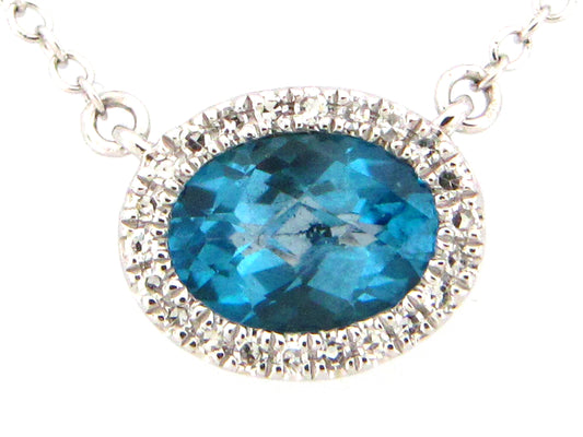 BLUE TOPAZ & DIAMOND OVAL PENDANT NECKLACE, 18"/17"/16", 14KW (R)