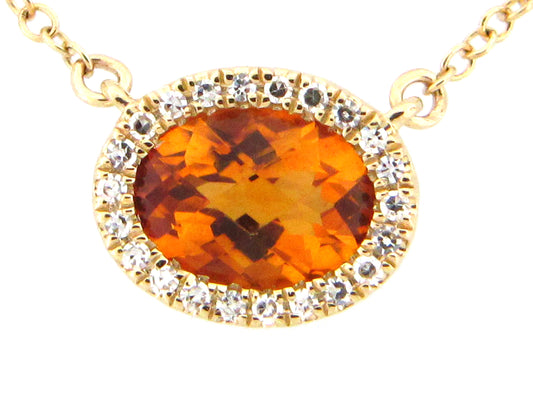 CITRINE & DIAMOND OVAL PENDANT NECKLACE, 18"/17"/16", 14KY (H)