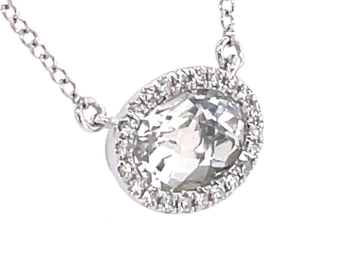 WHITE TOPAZ & DIAMOND OVAL PENDANT NECKLACE, 18"/17"/16", 14KW (H)