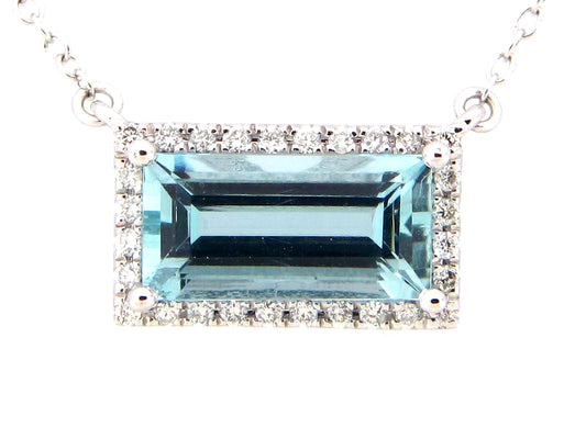 Aquamarine Baguette Diamond Halo Pendant Necklace, 18"/17"/16", 14kw (H)
