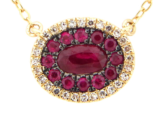 RUBY & DIAMOND OVAL CLUSTER PENDANT NECKLACE, 18"/17"/16", 14KY (H)
