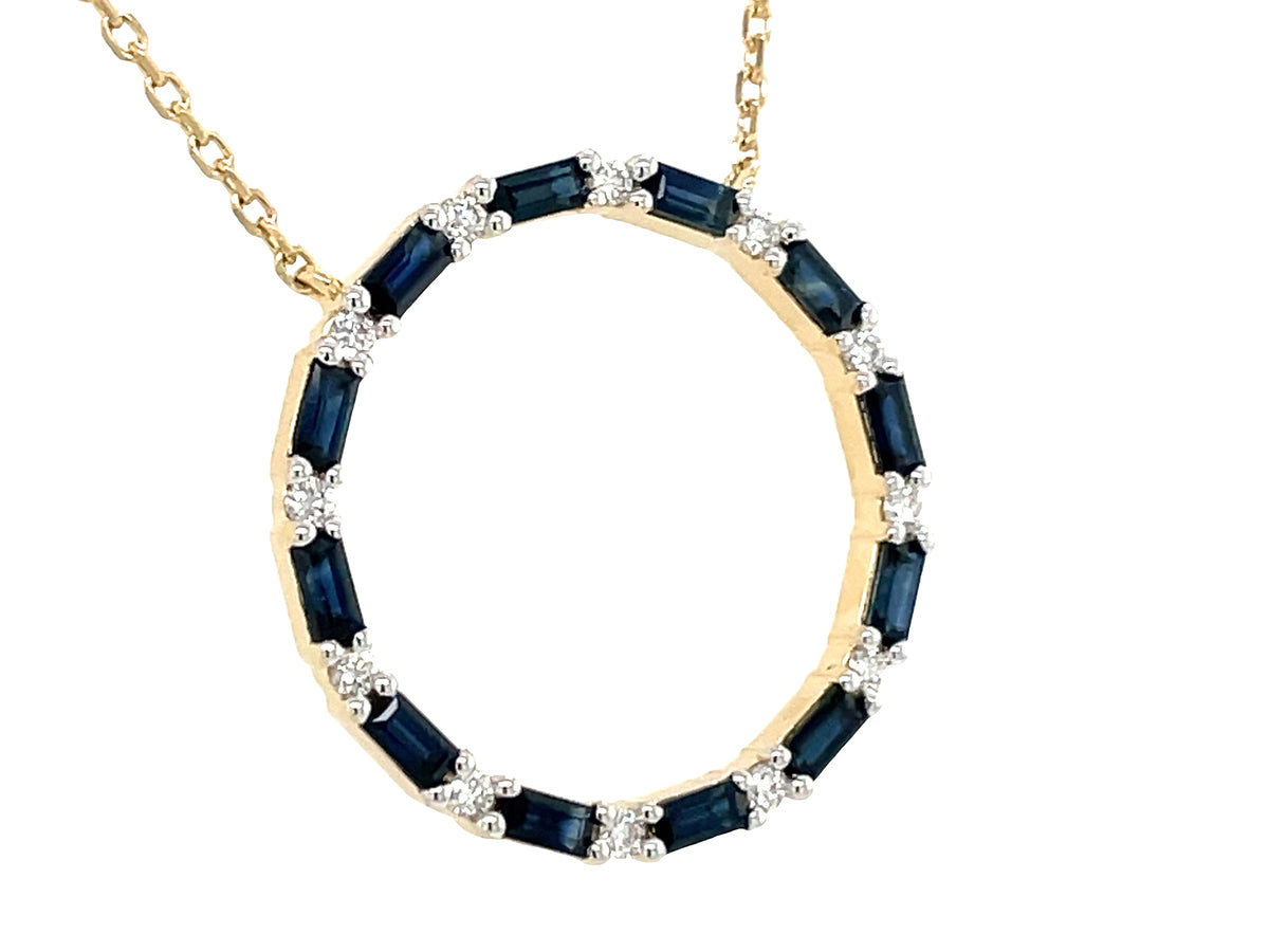 SAPPHIRE BAGUETTE & DIAMOND CIRCLE PENDANT NECKLACE, 18"/17"/16"
