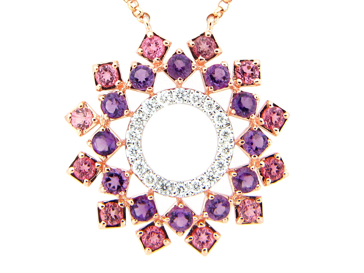 AMETHYST, PINK TOURMALINE, & DIAMOND CIRCLE PENDANT NECKACE, 18"/17"/16", 14KR (H)