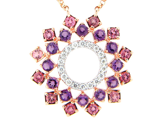 AMETHYST, PINK TOURMALINE, & DIAMOND CIRCLE PENDANT NECKACE, 18"/17"/16", 14KR (H)