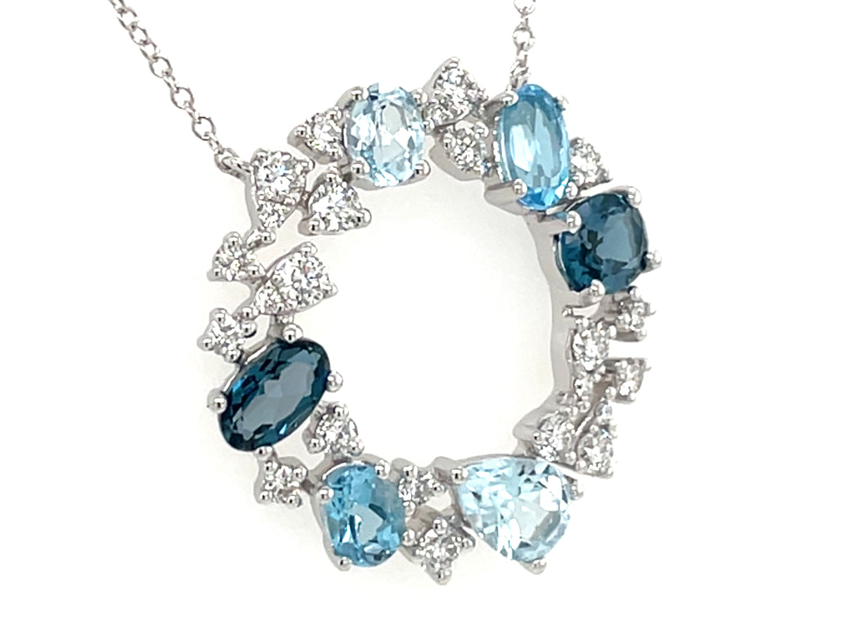 BLUE TOPAZ & DIAMOND CIRCLE PENDANT NECKLACE
