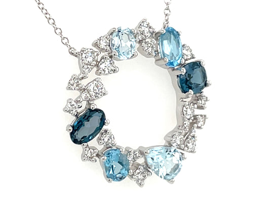 BLUE TOPAZ & DIAMOND CIRCLE PENDANT NECKLACE