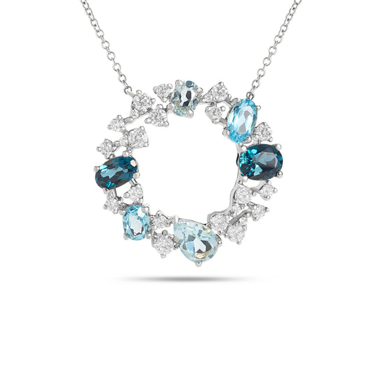 Blue Topaz & Diamond Cluster Circle Necklace
