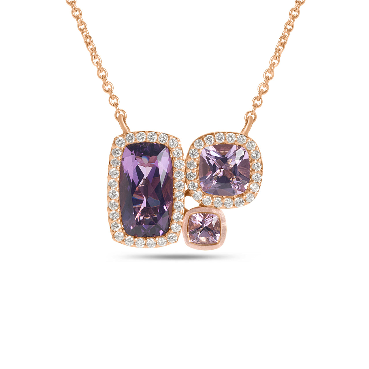Amethyst & Diamond Cushion 3 Stone Necklace
