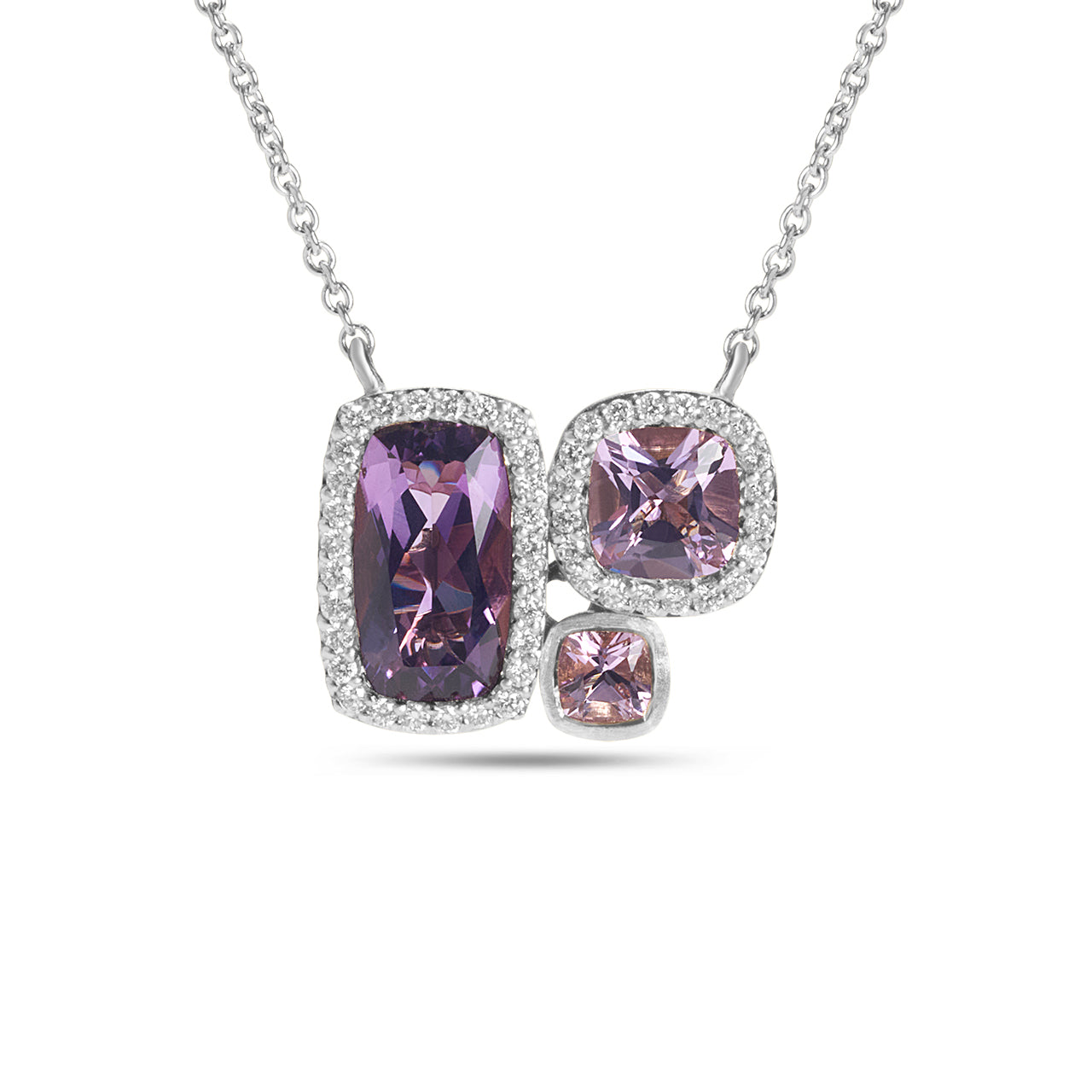 Amethyst & Diamond Cushion 3 Stone Necklace