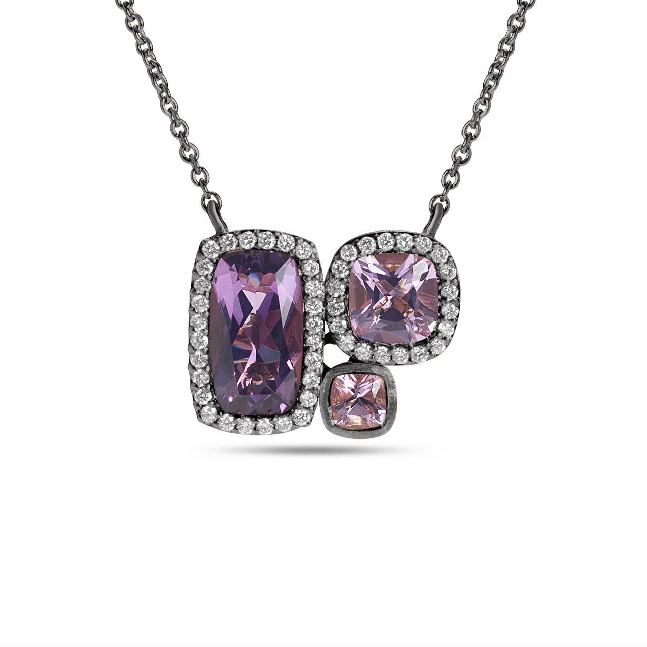 Amethyst & Diamond Cushion 3 Stone Necklace