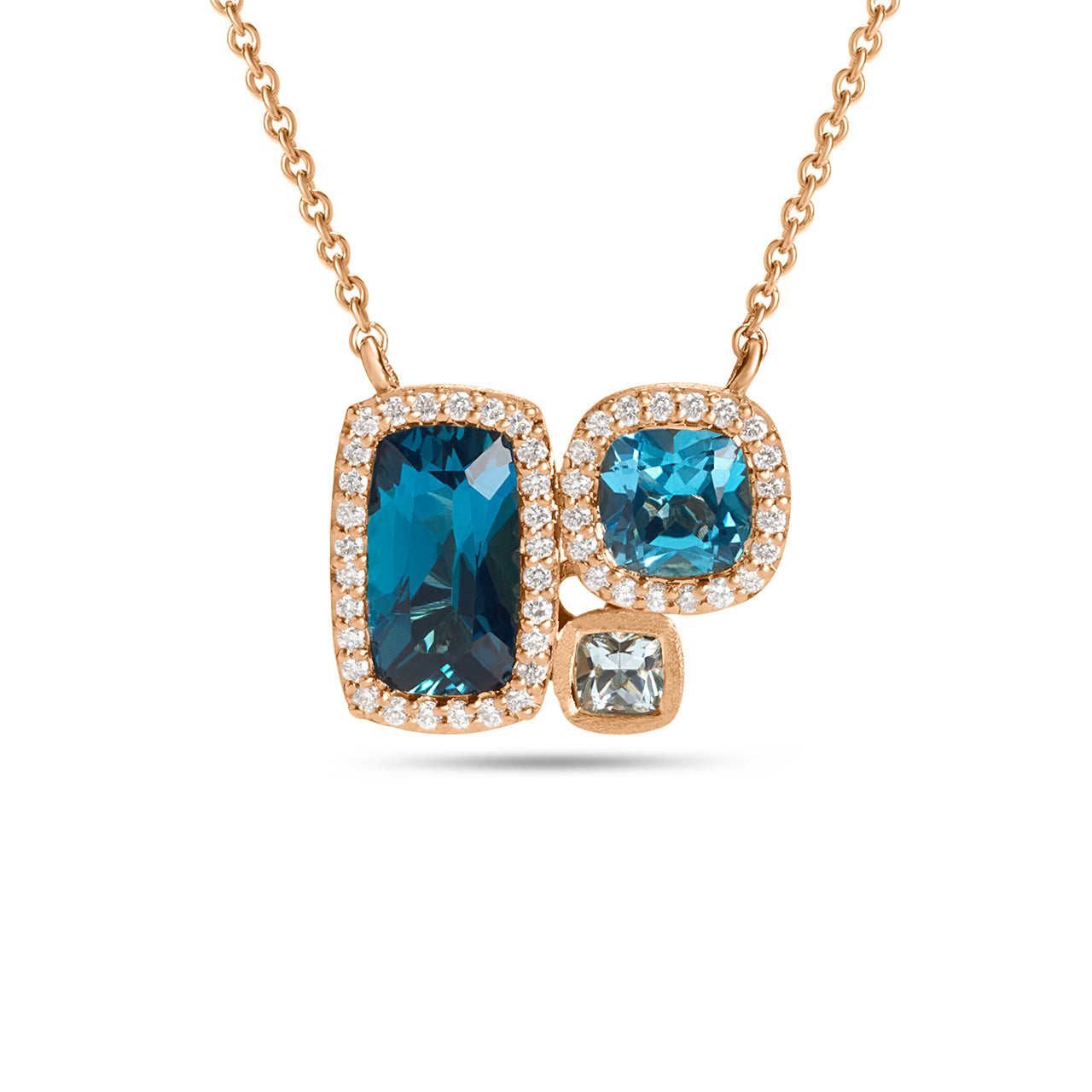 Blue Topaz & Diamond Cushion 3 Stone Necklace