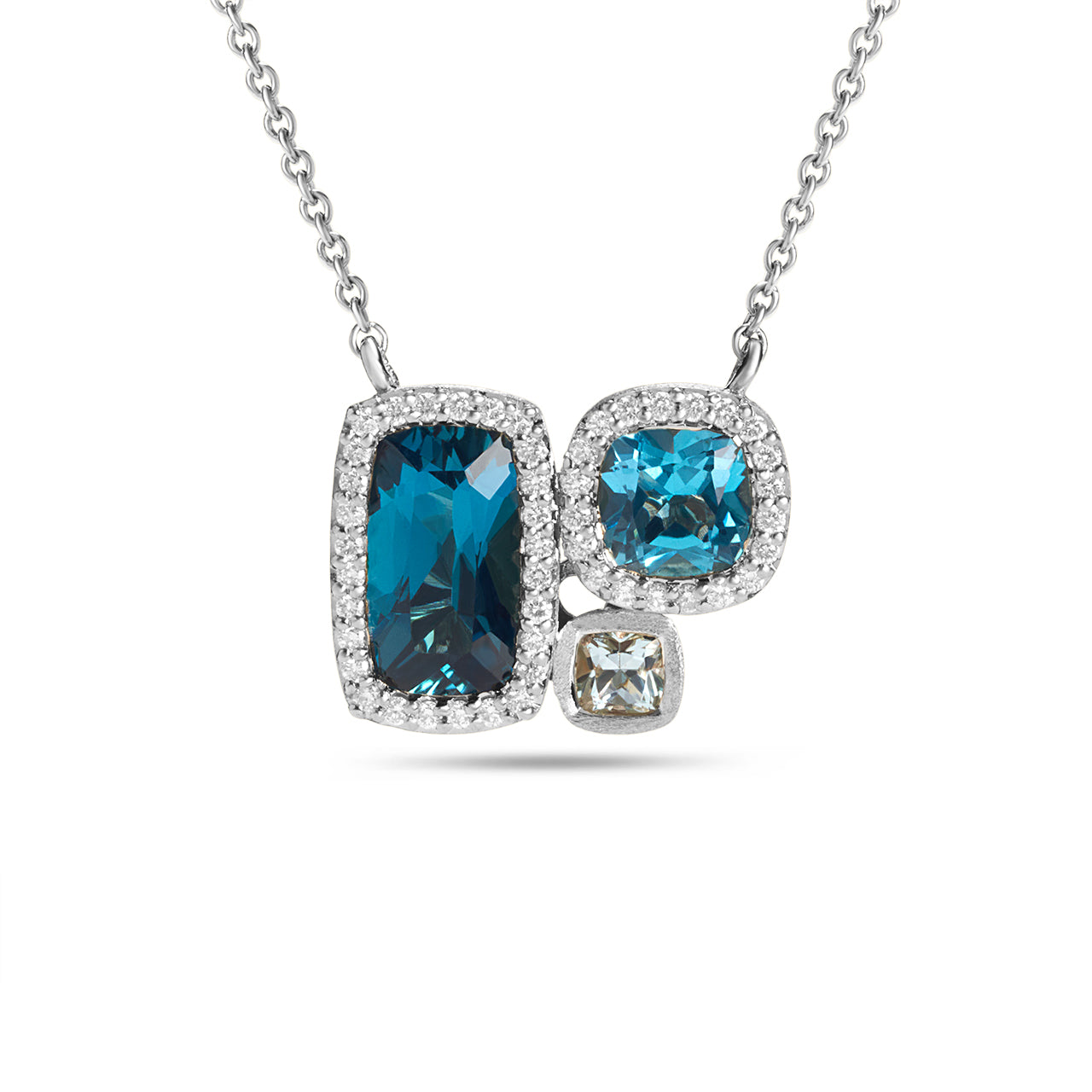 Blue Topaz & Diamond Cushion 3 Stone Necklace