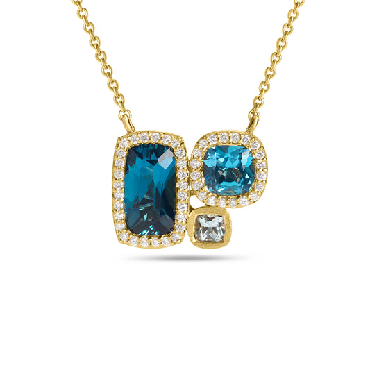 Blue Topaz & Diamond Cushion 3 Stone Necklace