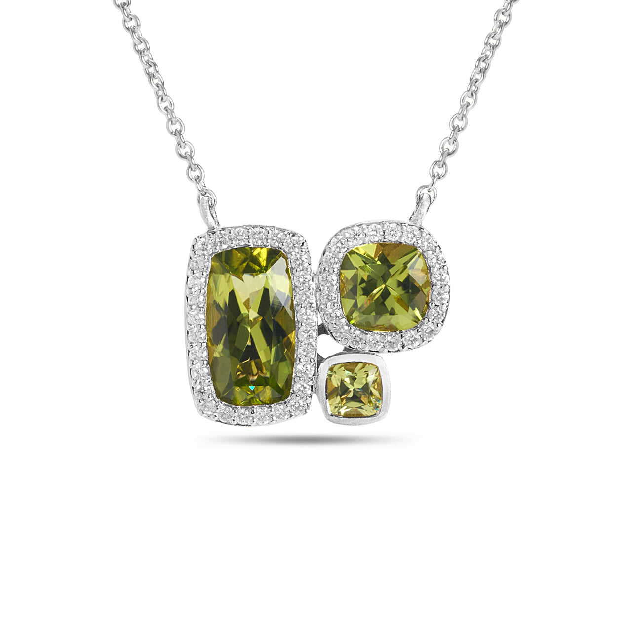 Peridot & Diamond Cushion 3 Stone Necklace