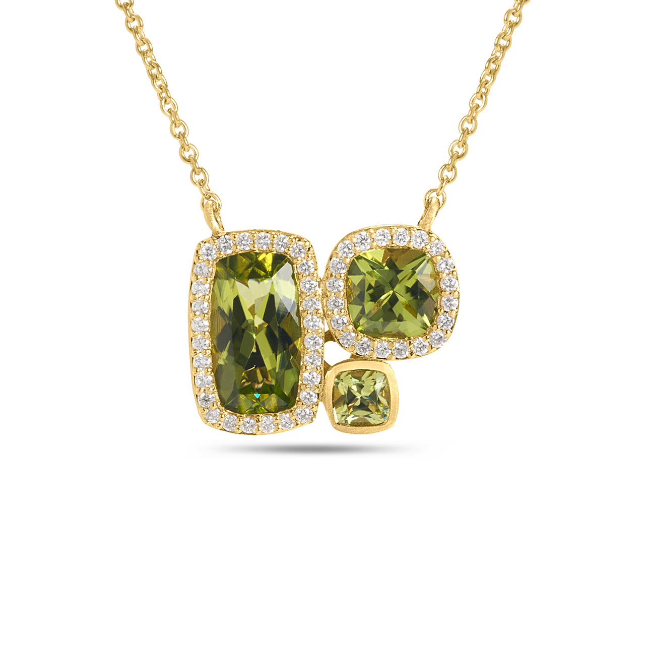 Peridot & Diamond Cushion 3 Stone Necklace