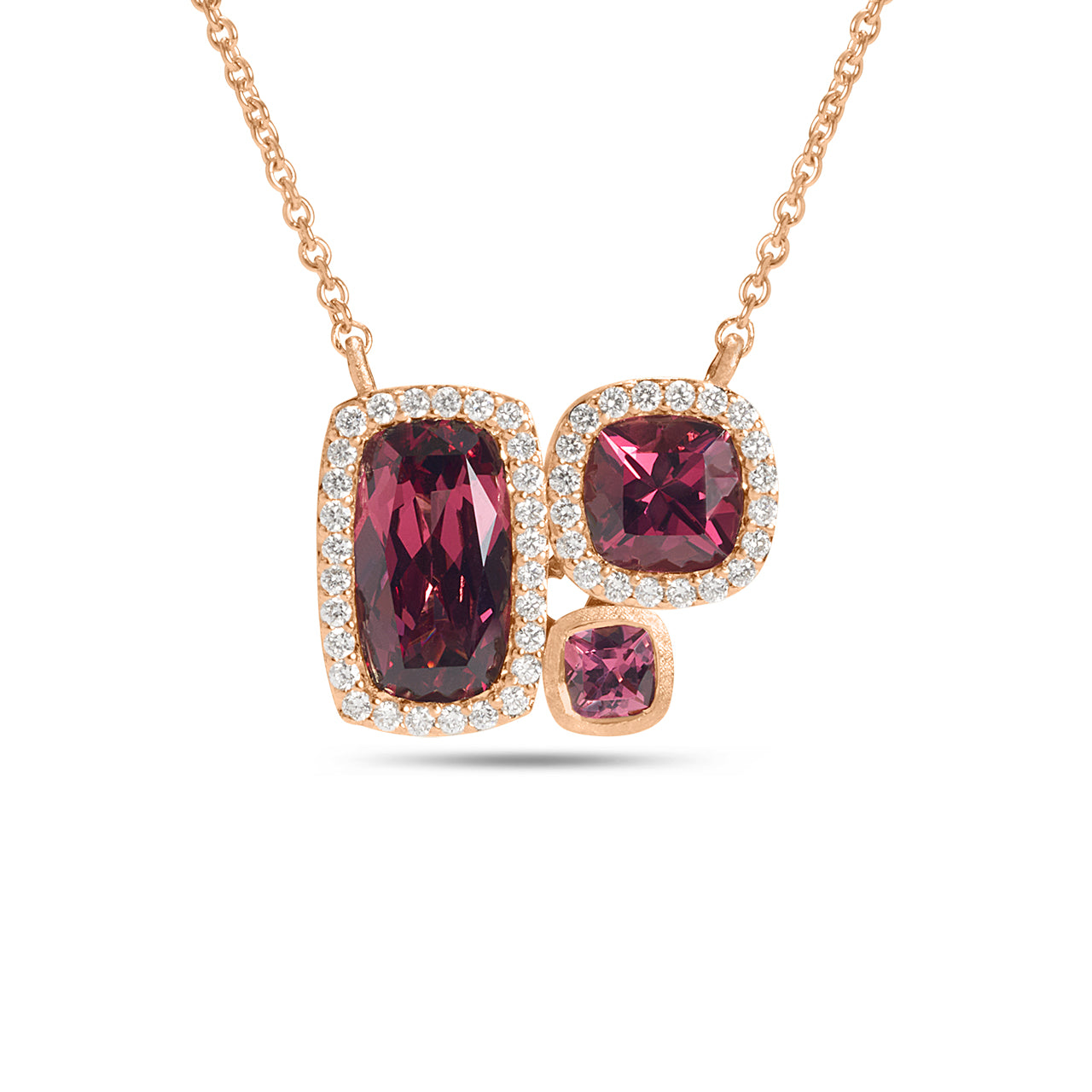 Rhodolite & Diamond Cushion 3 Stone Necklace