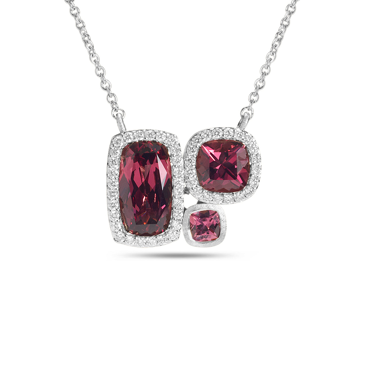 Rhodolite & Diamond Cushion 3 Stone Necklace