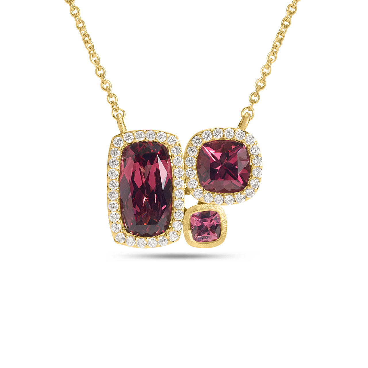 Rhodolite & Diamond Cushion 3 Stone Necklace