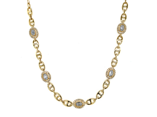 DIAMOND BAGUETTE CLUSTER TAB NECKLACE, 18" PAPER CLIP CHAIN