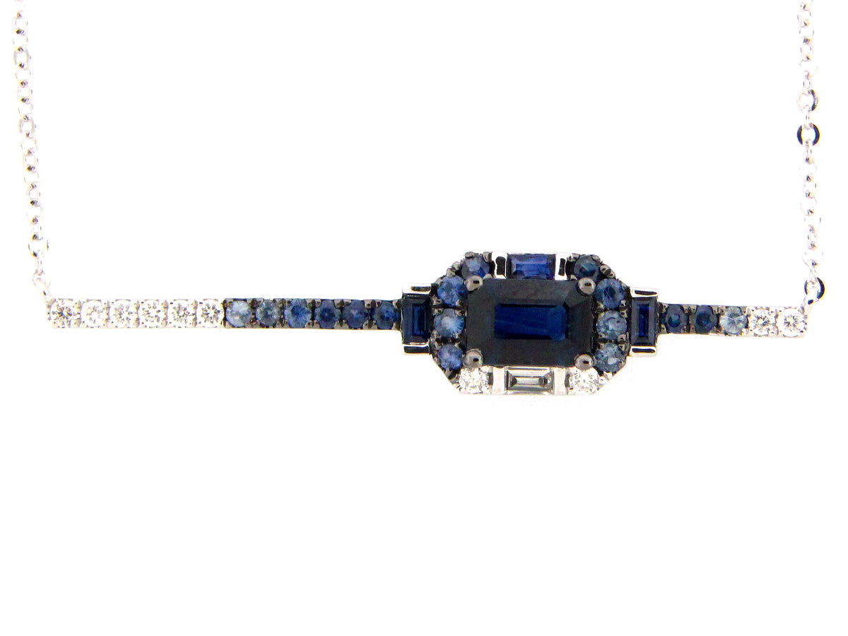 SAPPHIRE & DIAMOND BAR PENDANT NECKLACE, 18" BOLO CHAIN, 14KW (H)