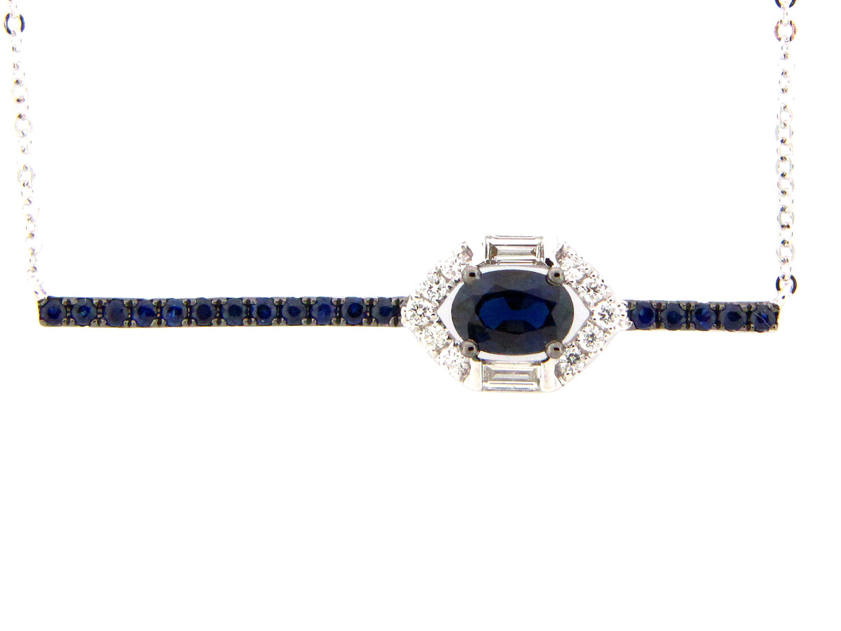 SAPPHIRE & DIAMOND BAR NECKLACE, 18" BOLO CHAIN" , 14KW (H)