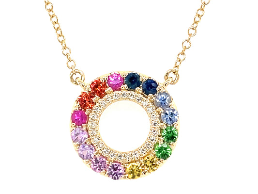 CIRCLE RAINBOW SAPPHIRE, TSAVORITE & DIAMOND PENDANT NECKLACE, 18"/17"/16"